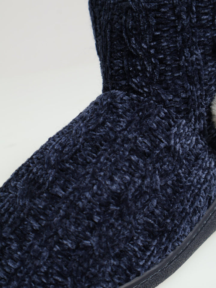 Cable Knit Slipper Bootie With Pompoms - Navy