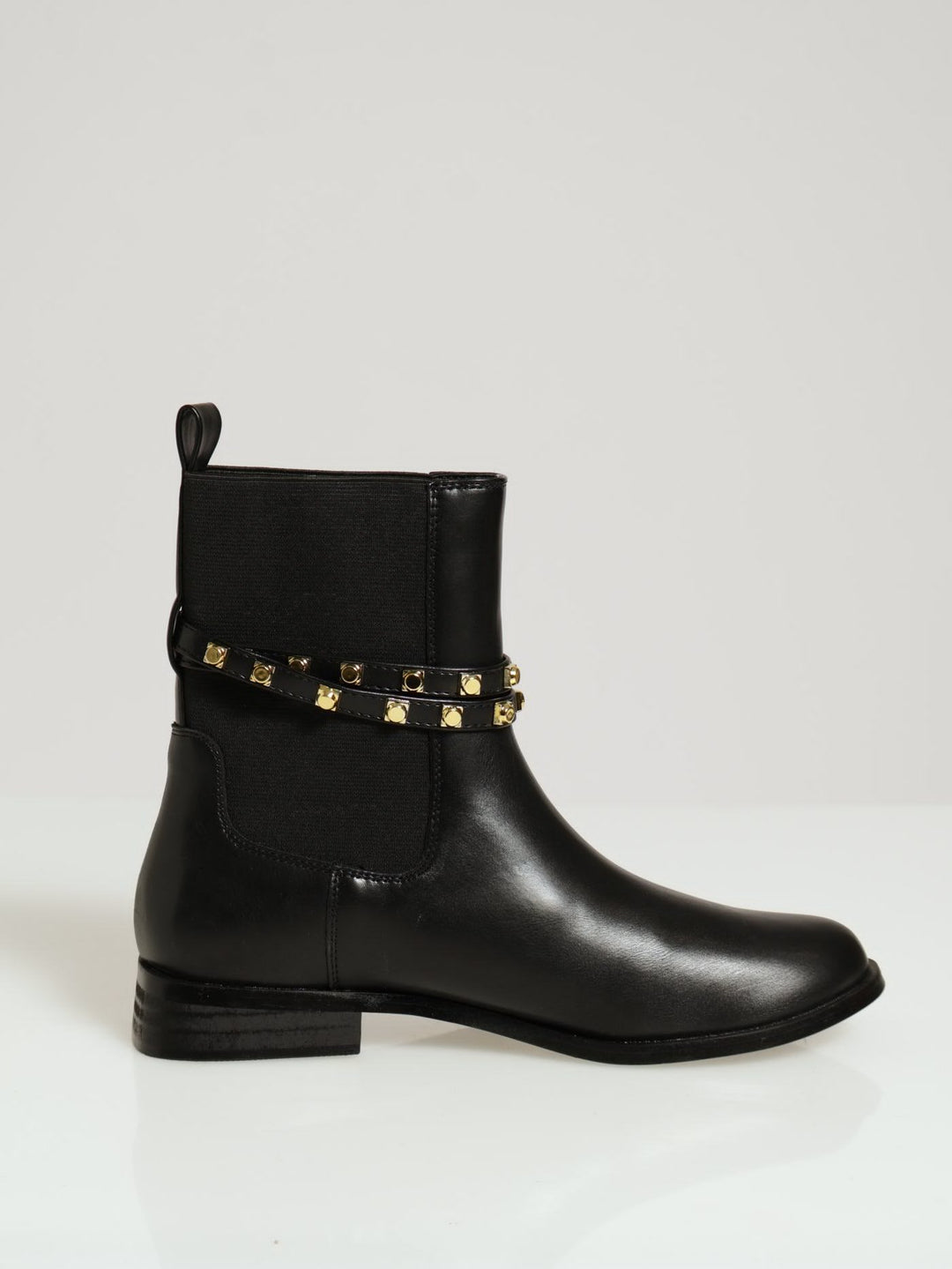 Low Chelsea Boot With Gold Stud Ankle Detail - Black