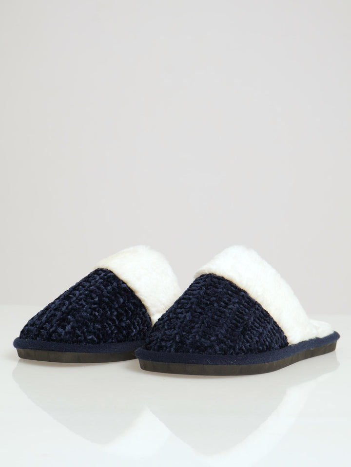 Chenille Closed Toe Slipper With Fur Topline - Navy