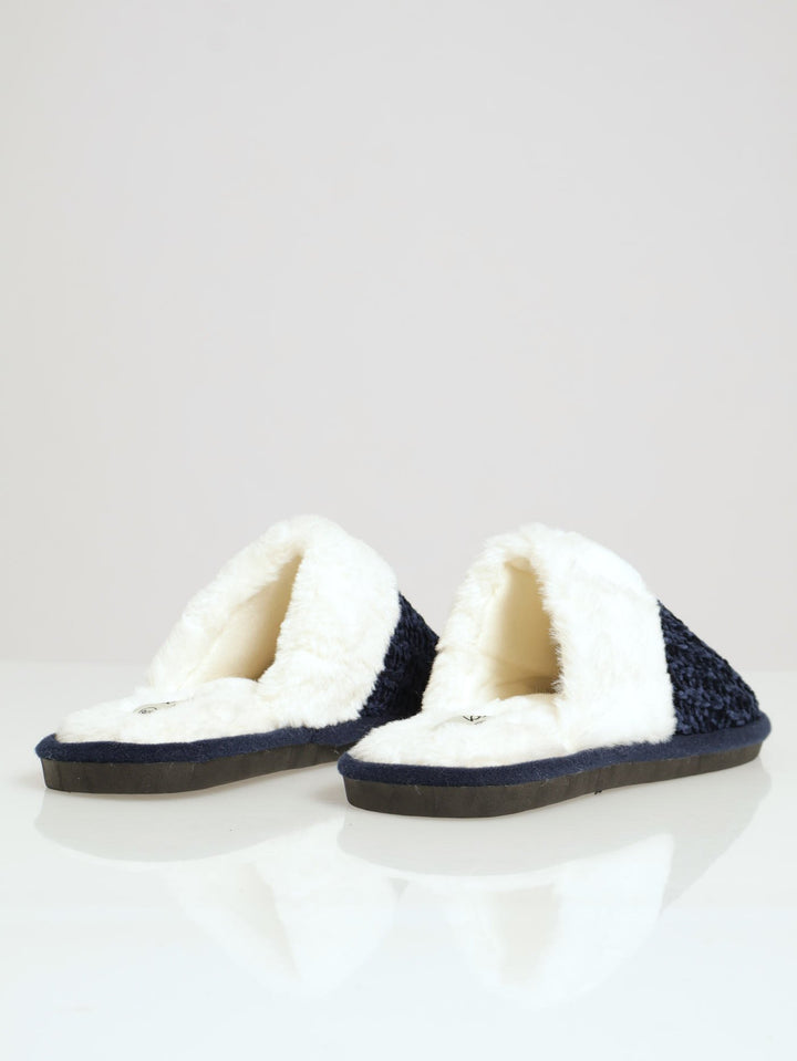 Chenille Closed Toe Slipper With Fur Topline - Navy