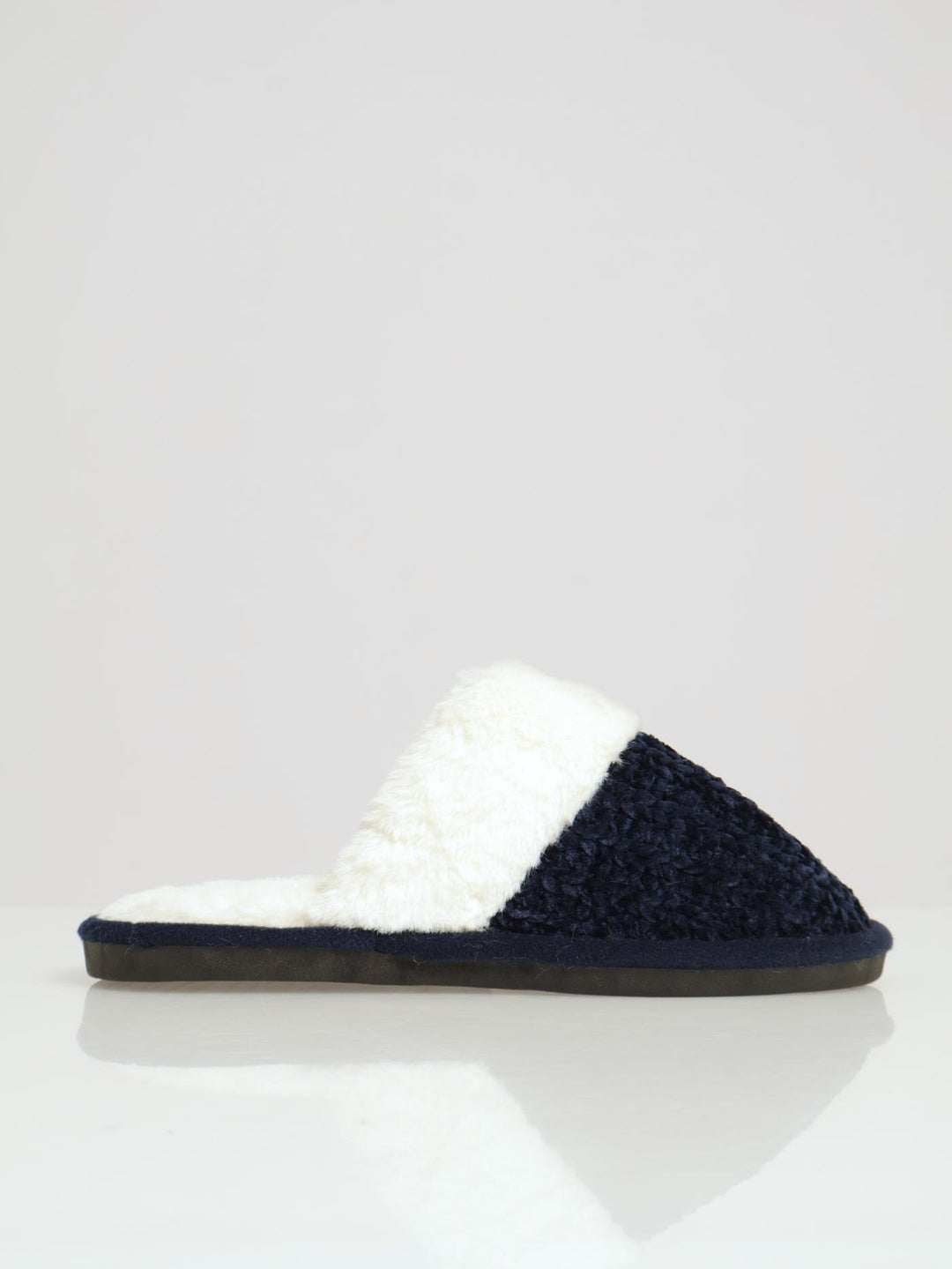 Chenille Closed Toe Slipper With Fur Topline - Navy