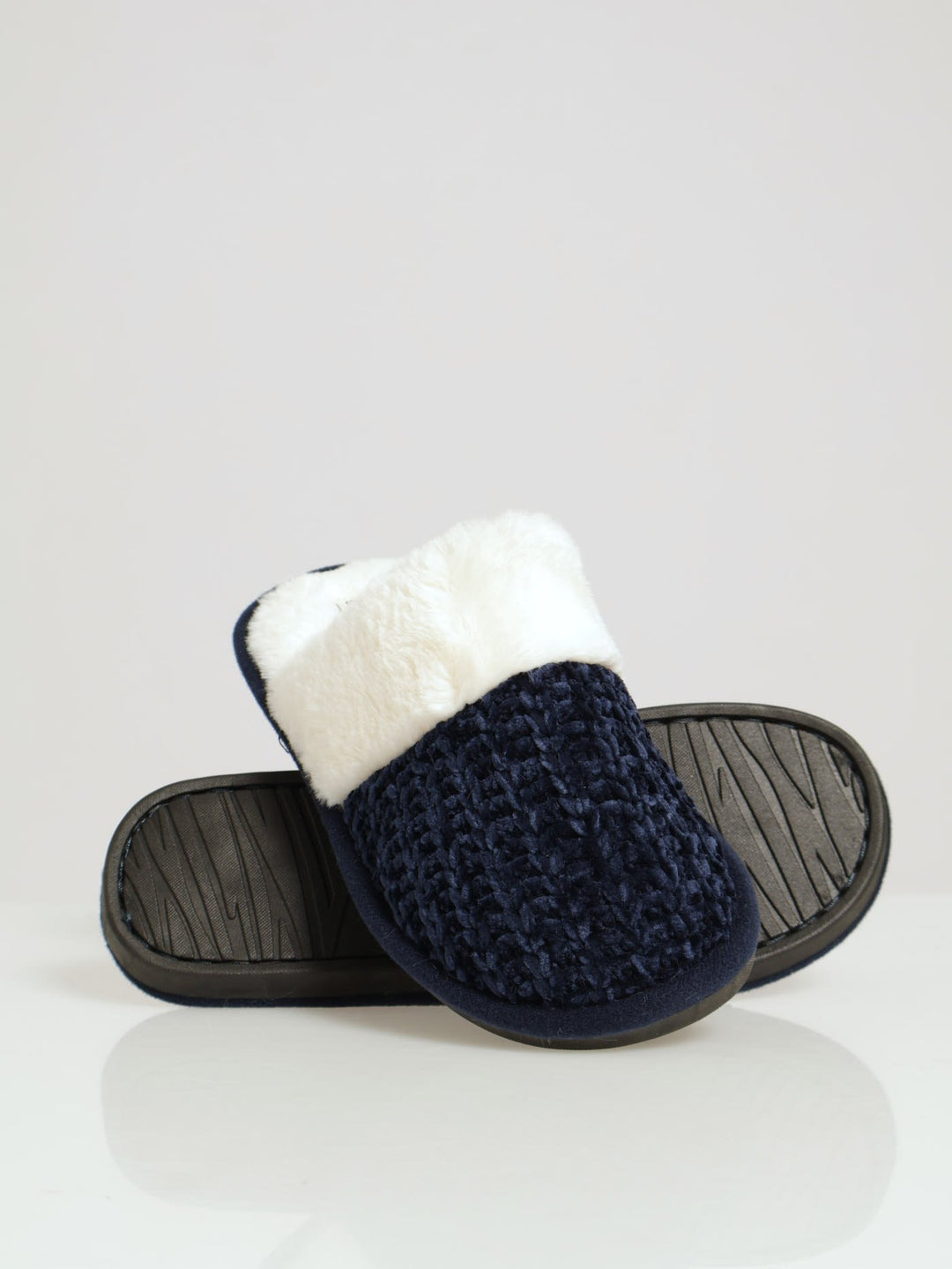 Chenille Closed Toe Slipper With Fur Topline - Navy