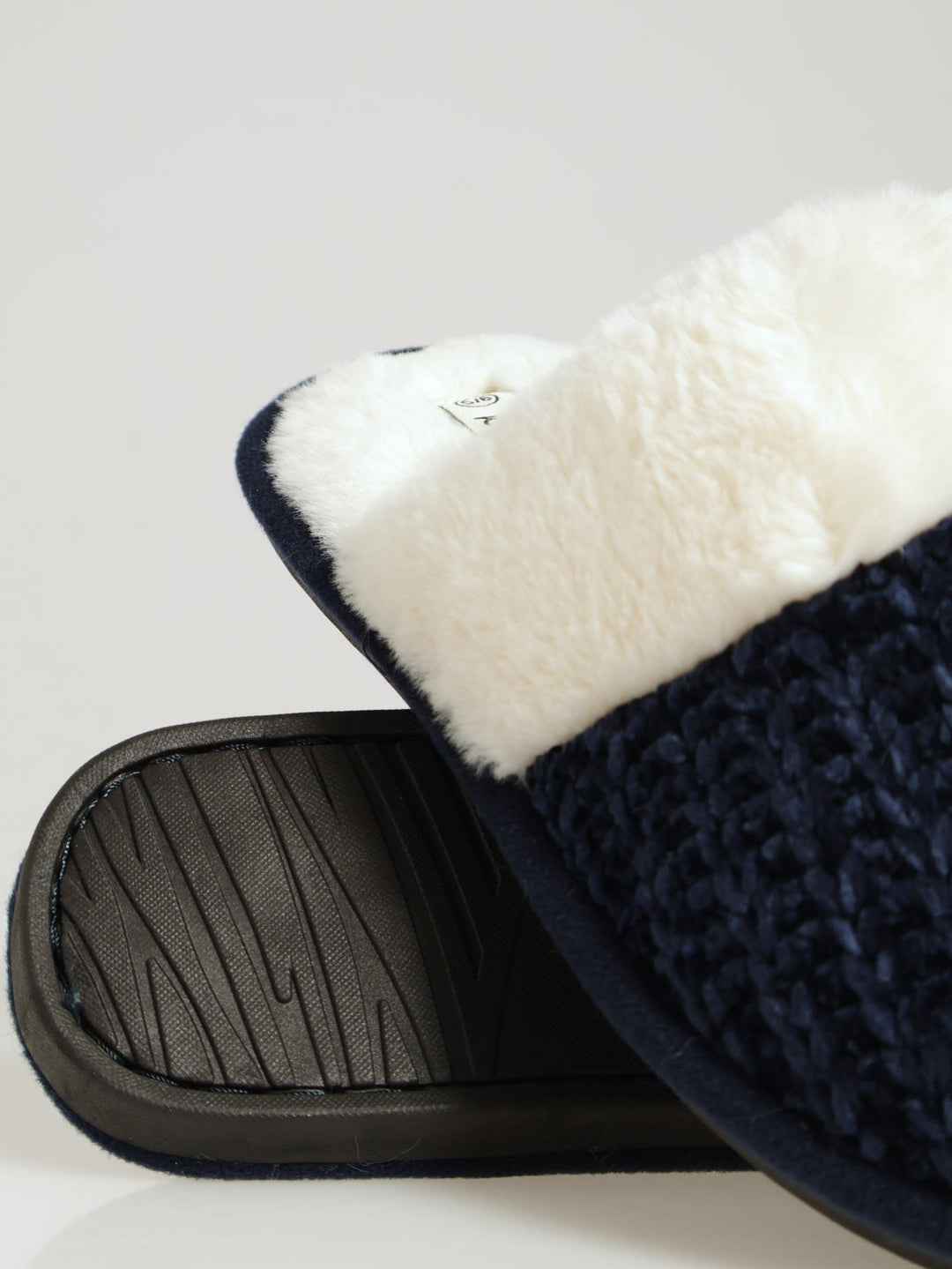 Chenille Closed Toe Slipper With Fur Topline - Navy