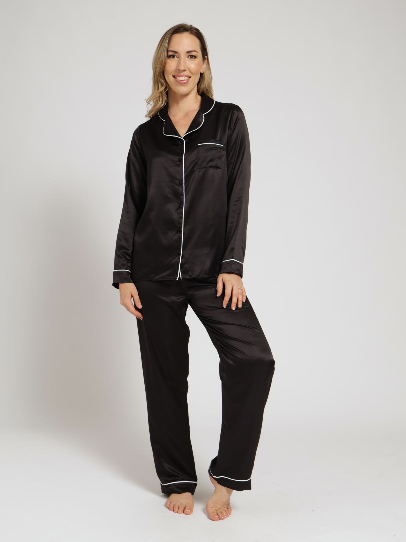 Long Sleeve Button Through Satin Shirt And Pant Pj Set Black Edgars