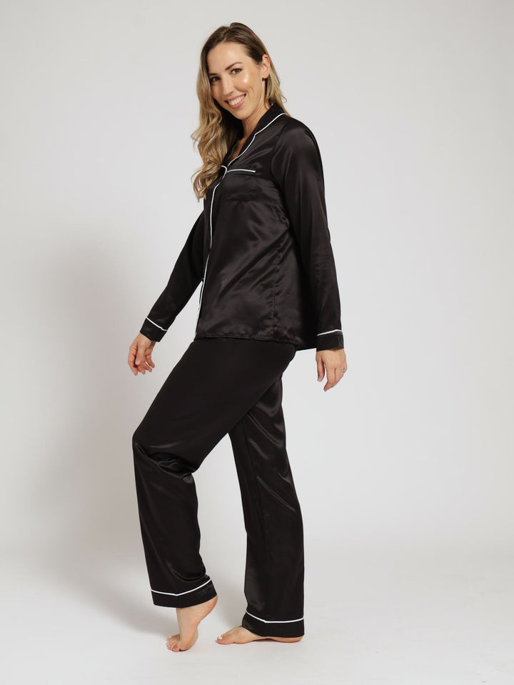 Long Sleeve Button Through Satin Shirt & Pant Pj Set  - Black