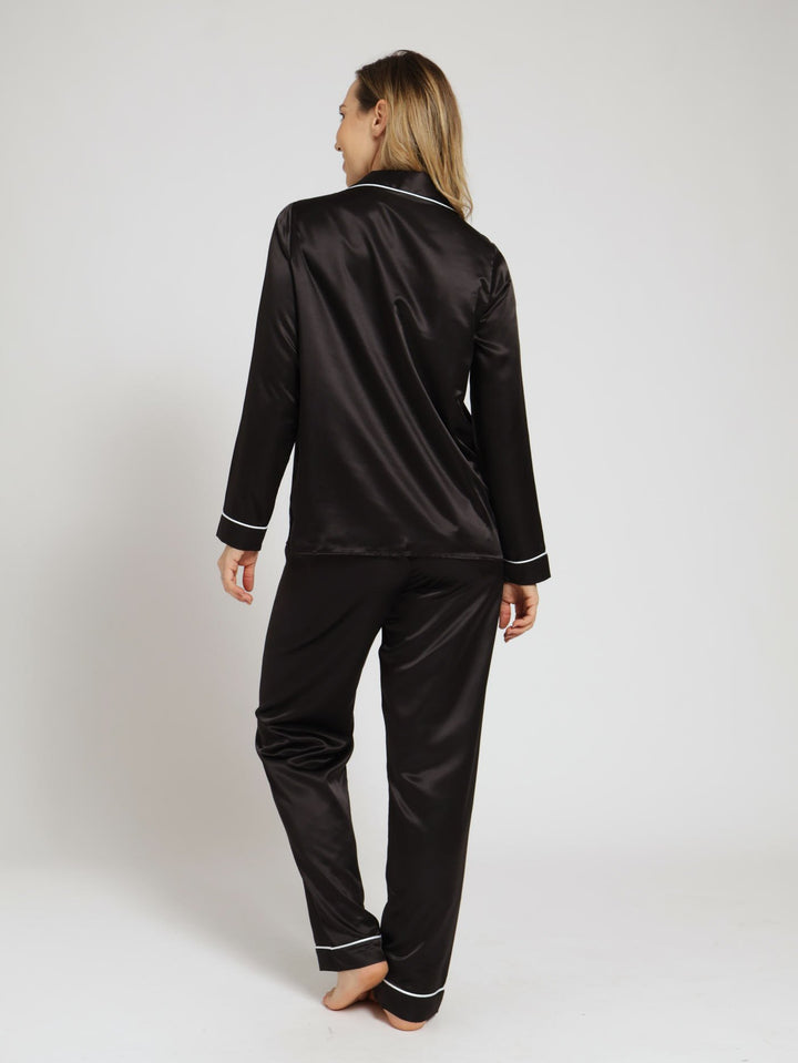 Long Sleeve Button Through Satin Shirt & Pant Pj Set  - Black