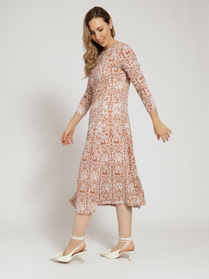 Long Sleeve Panneled Knit Dress - Camel