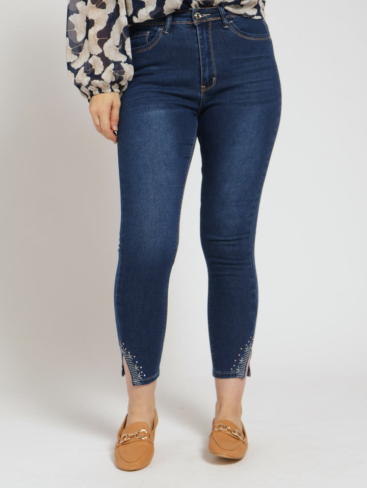 Pearl Detail Ankle Grazer Denim Jean - Dark Wash Ink