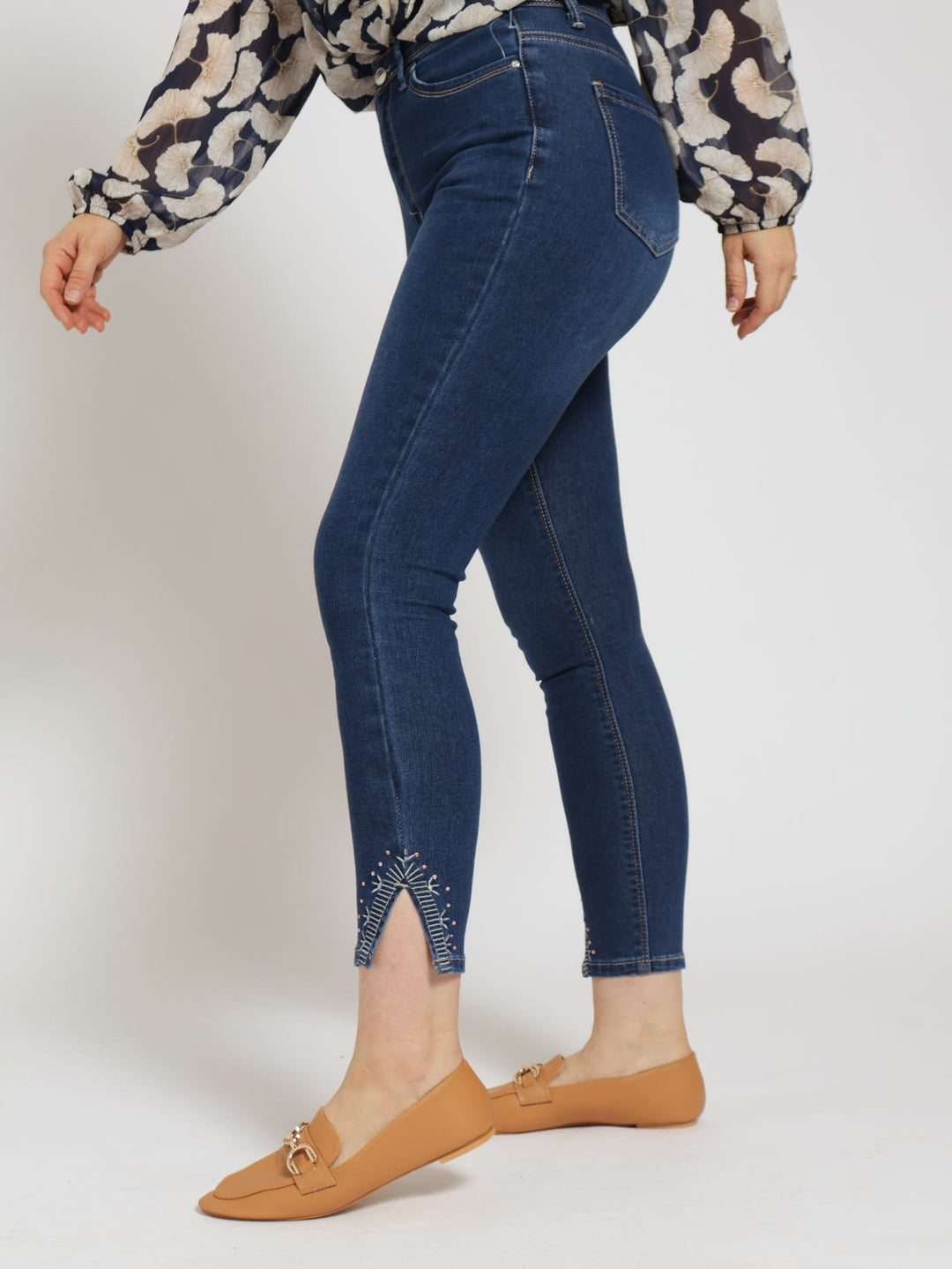 Pearl Detail Ankle Grazer Denim Jean - Dark Wash Ink