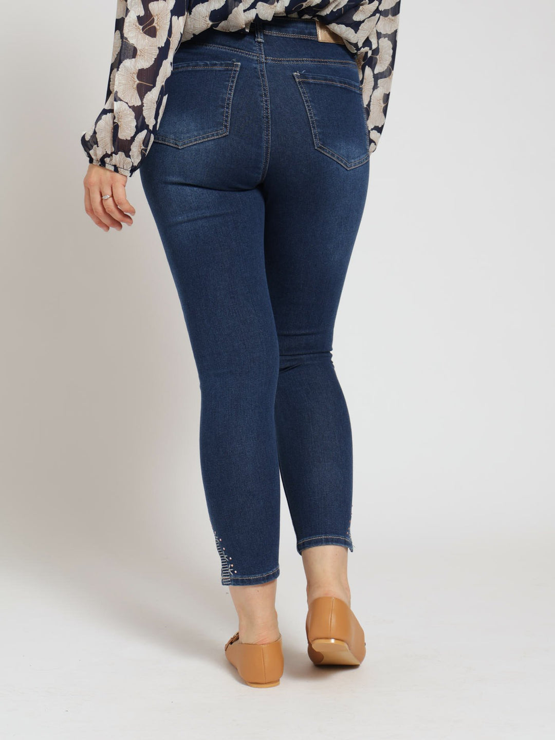 Pearl Detail Ankle Grazer Denim Jean - Dark Wash Ink