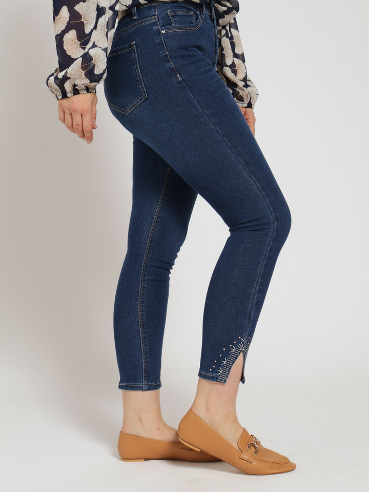 Pearl Detail Ankle Grazer Denim Jean - Dark Wash Ink