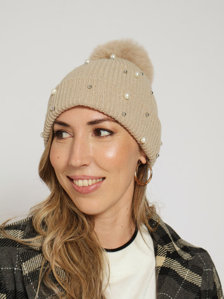 Embellished Turn Up Pom Pom Beanie - Beige