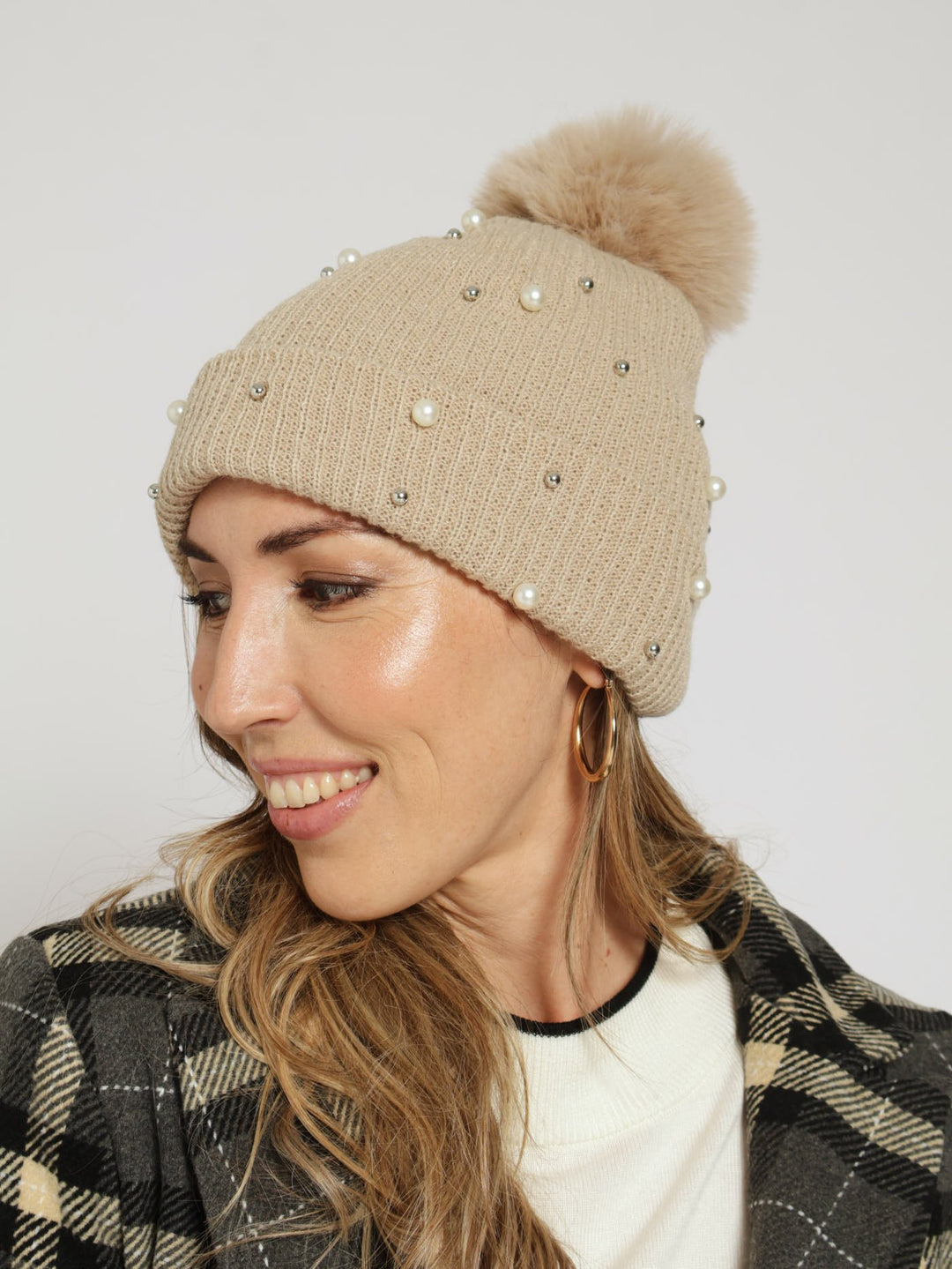 Embellished Turn Up Pom Pom Beanie - Beige