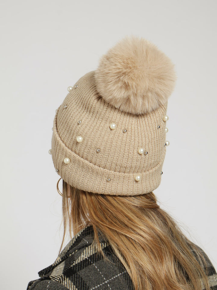 Embellished Turn Up Pom Pom Beanie - Beige