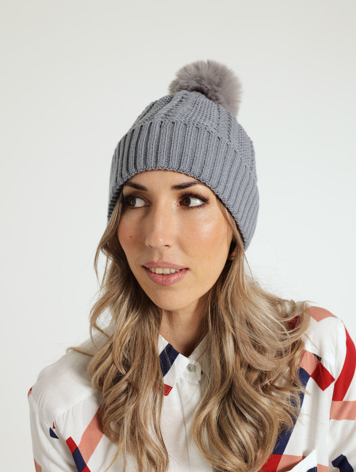 Knitted Turn Up Pom Pom Beanie - Grey