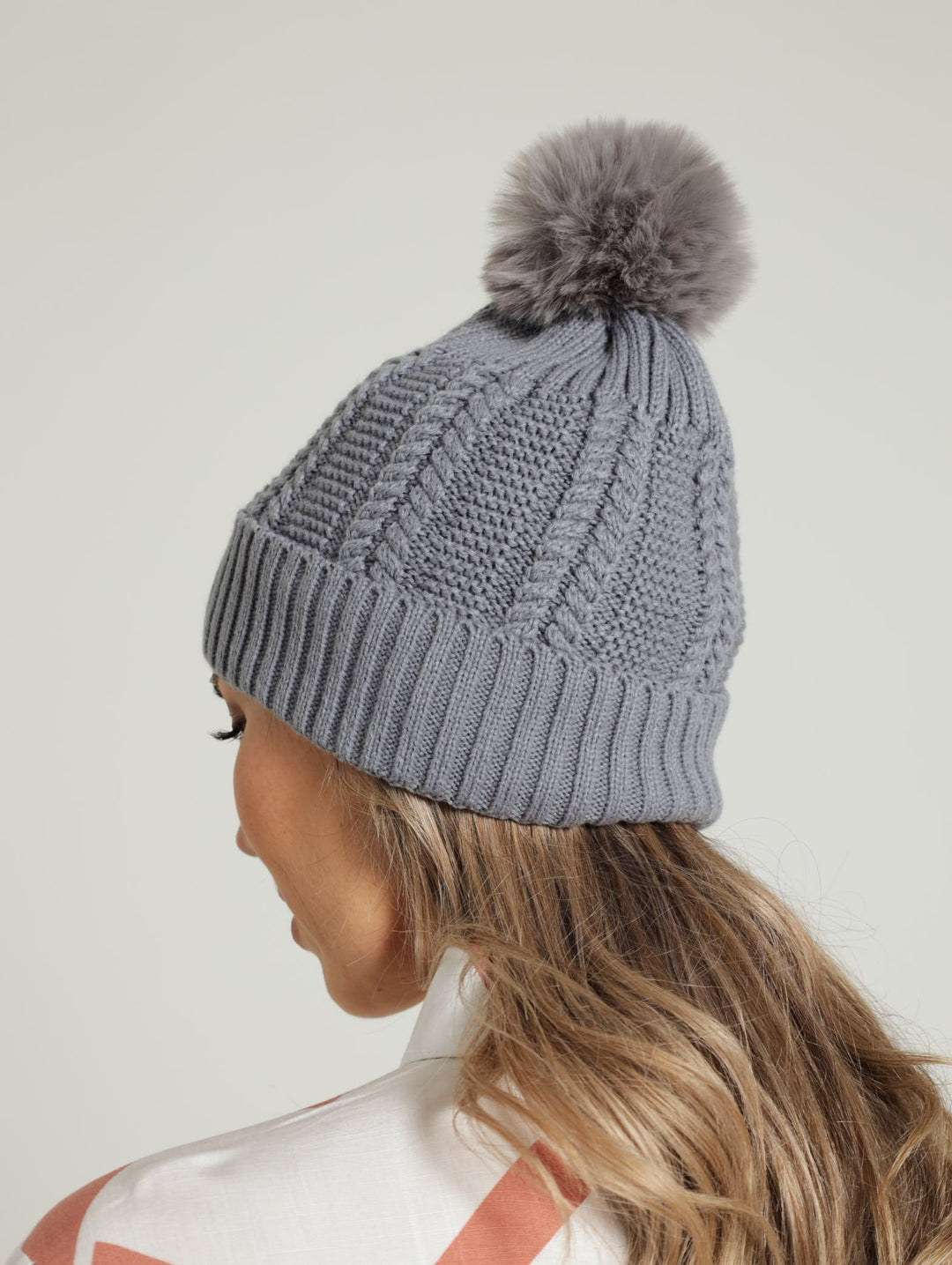 Knitted Turn Up Pom Pom Beanie - Grey