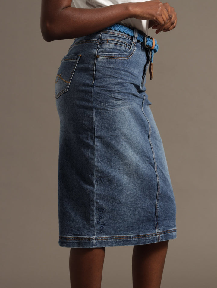 Stretch Denim Straight Longer Embroidered Skirt - Medium Wash
