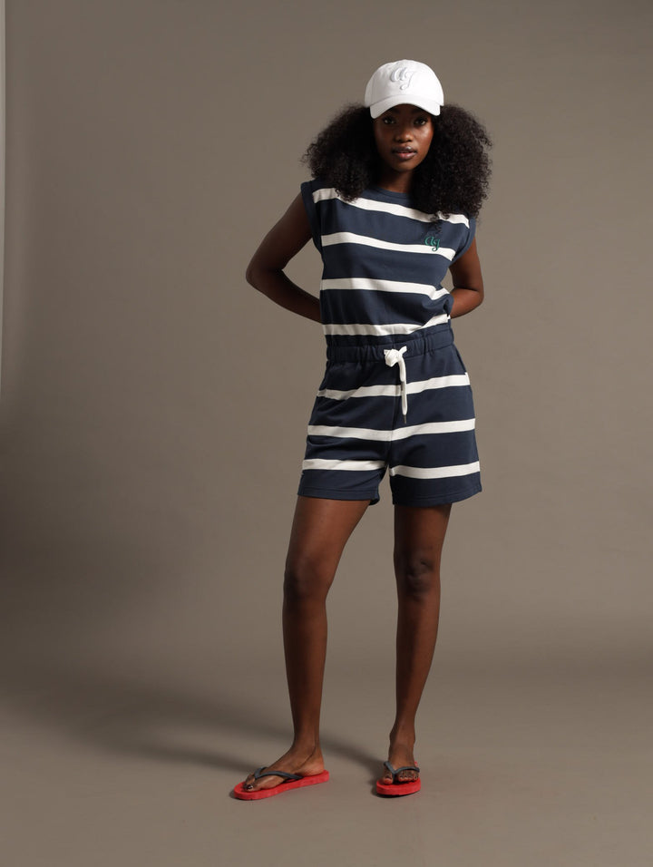 Yarn Dyed Stripe Embroidered Playsuit - Blue