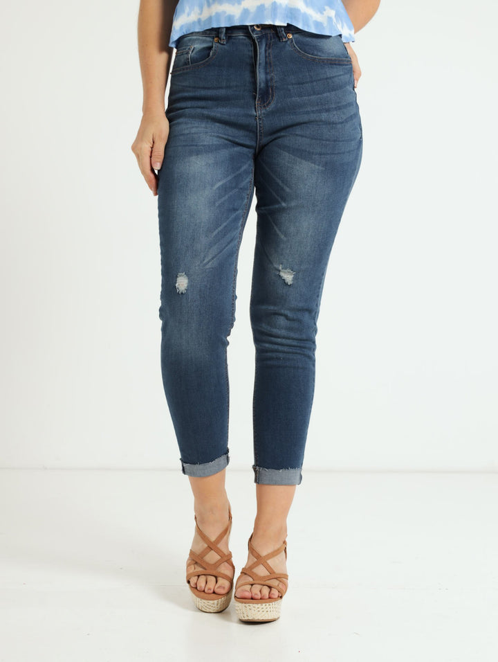 Turnup Stretch Mom Jean - Dark Stonewash