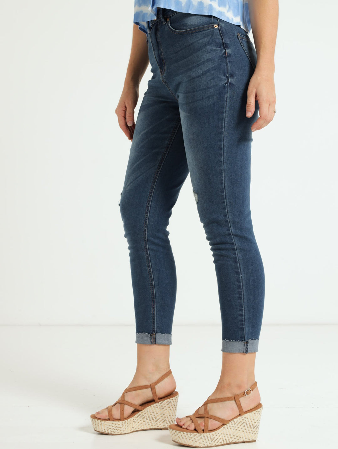 Turnup Stretch Mom Jean - Dark Stonewash