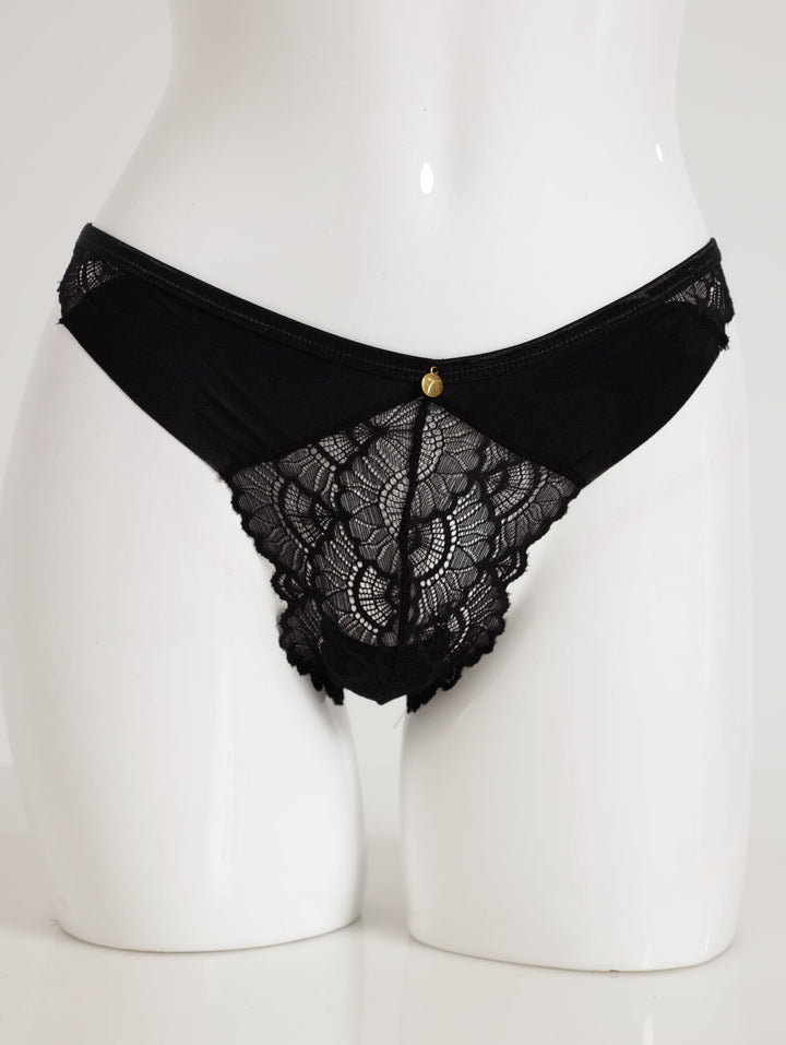 Ladies 2 Pack Lazercut Microfibre & Lace Thong Panty - Black/White