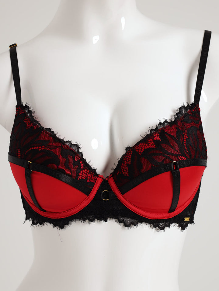 Ladies Eyelash Lace Push-Up  Bra - Red/Black