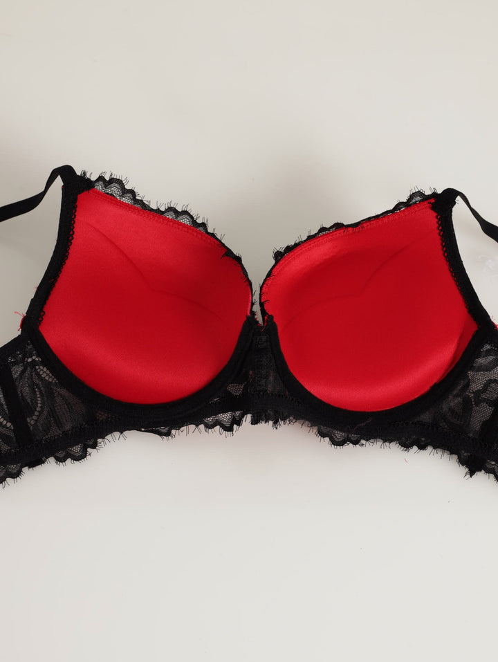 Ladies Eyelash Lace Push-Up  Bra - Red/Black