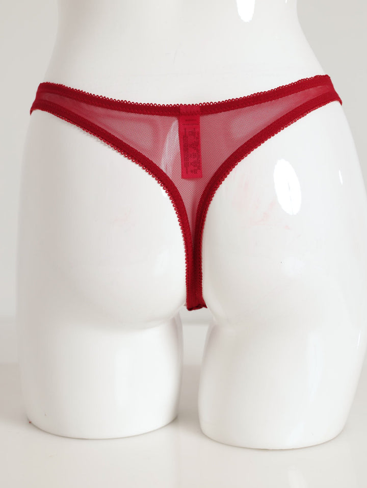 Ladies Embroided Mesh & Satin Thong Panty - Cherry