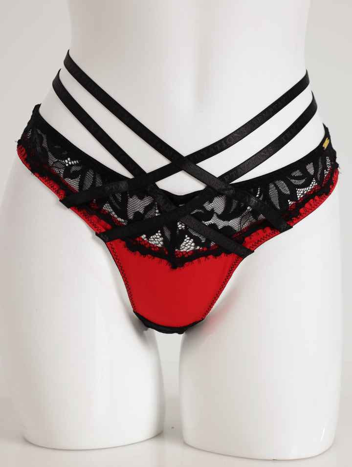 Ladies Eyelash Lace Strappy  Brazilian Pnaty - Red/Black