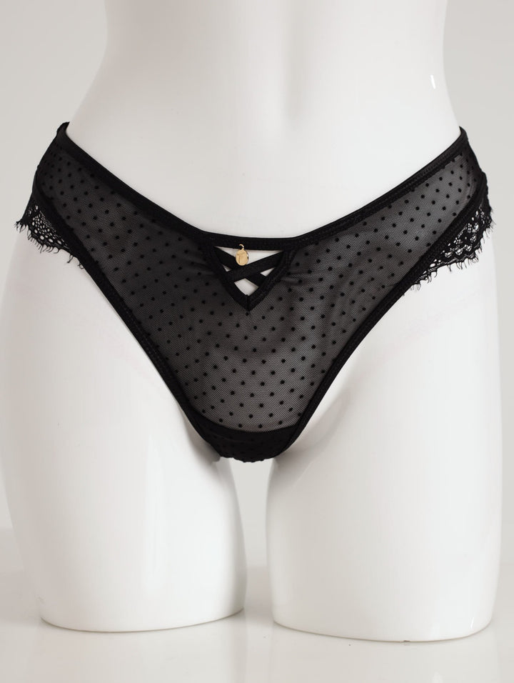 Ladies With Crossover Detail Flocked Mesh & Eye Thong - Black