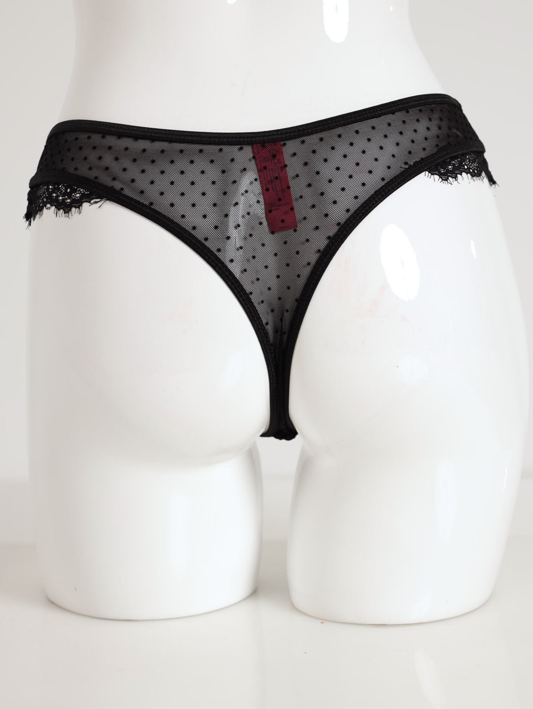 Ladies With Crossover Detail Flocked Mesh & Eye Thong - Black