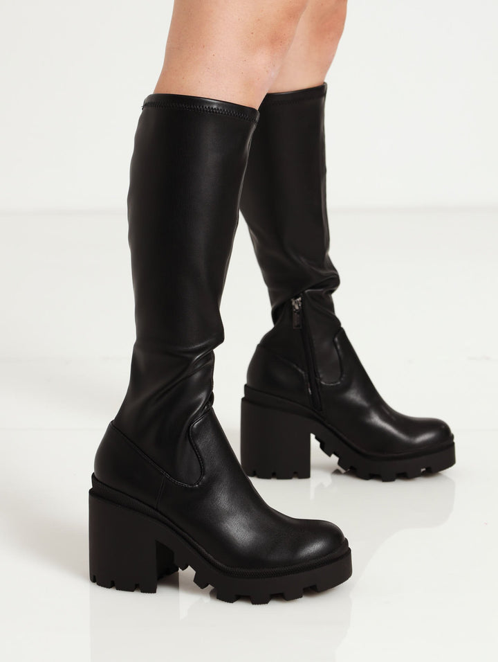 Roxanna Chunky Cleated Sole Heel Boot - Black