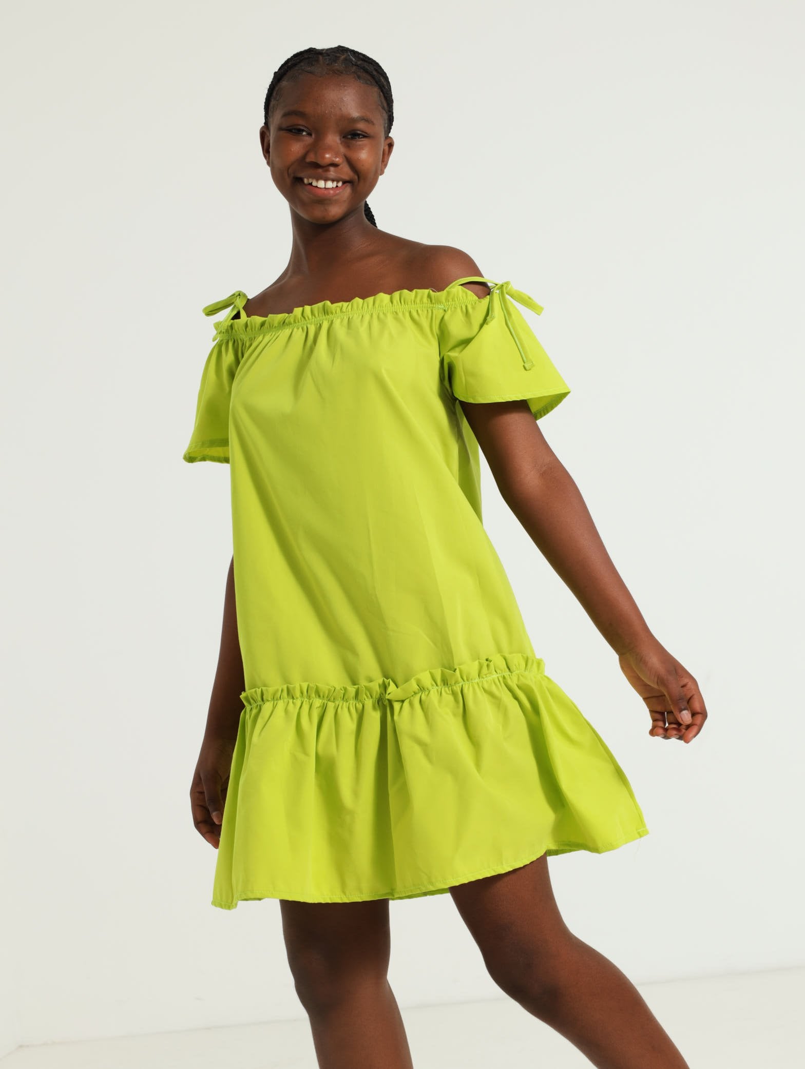 Girls Off Shoulder Dress Lime Edgars