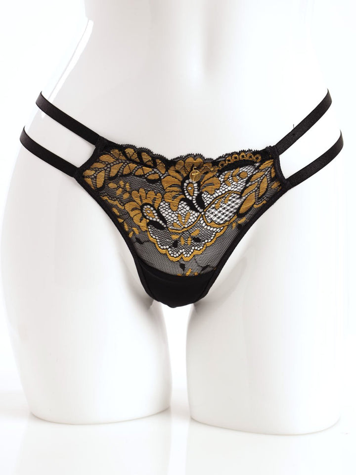 Ladies Lace Double Strap T-String With Gold Edges - Black