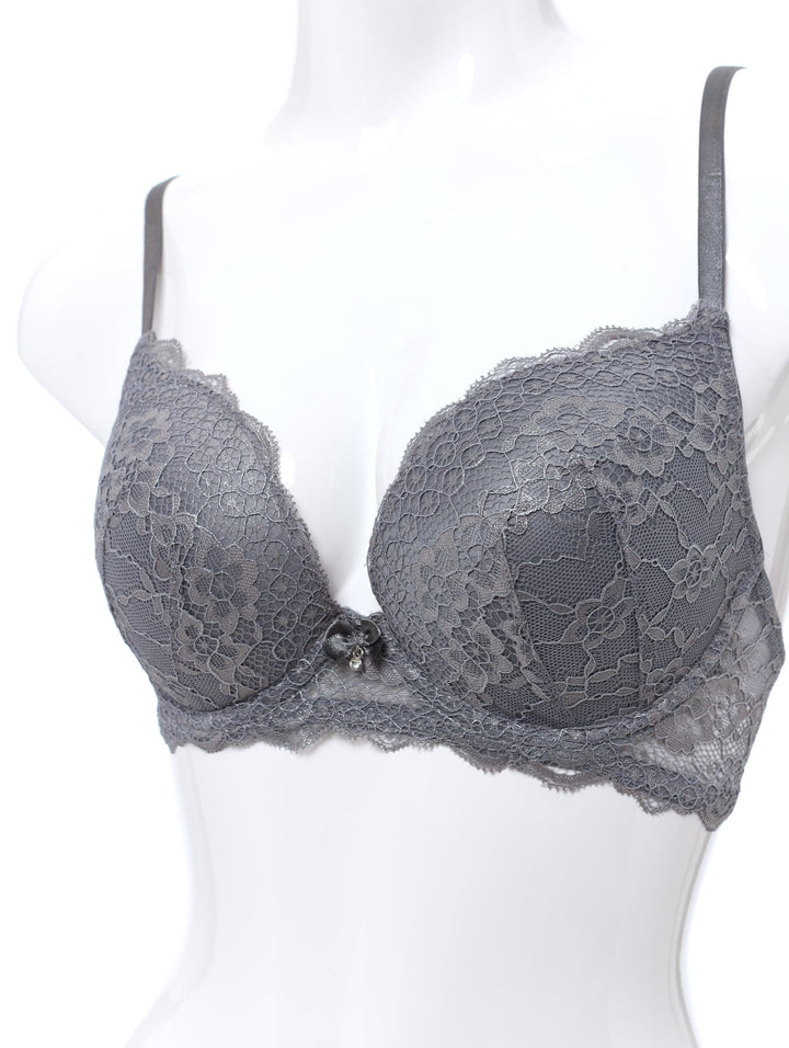 Ladies Printed Scallop Lace Single Push Up T-Shirt Bra - Silver Grey