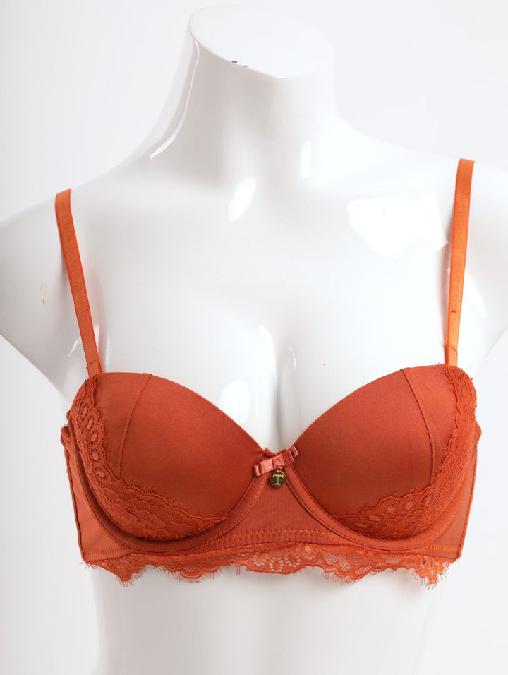 Ladies Microfibre & Lace Balconette Push-Up Bra - Rust