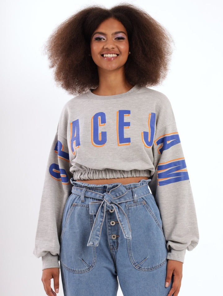 Ladies Space Jam Cropped Pullover- Set - Grey Melange