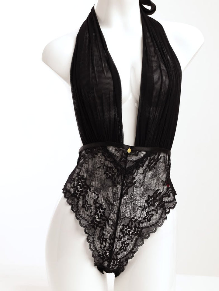 Ladies Mesh & Lace Halterneck Satin Tie-Up Teddy Panty - Black