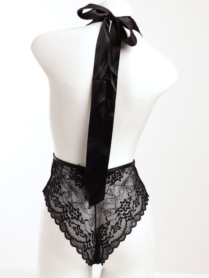 Ladies Mesh & Lace Halterneck Satin Tie-Up Teddy Panty - Black