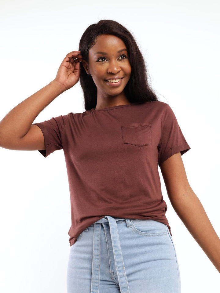 Ladies Short Sleeve Drapey Pocket Tee - Brown