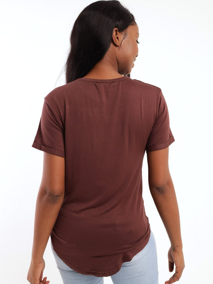 Ladies Short Sleeve Drapey Pocket Tee - Brown