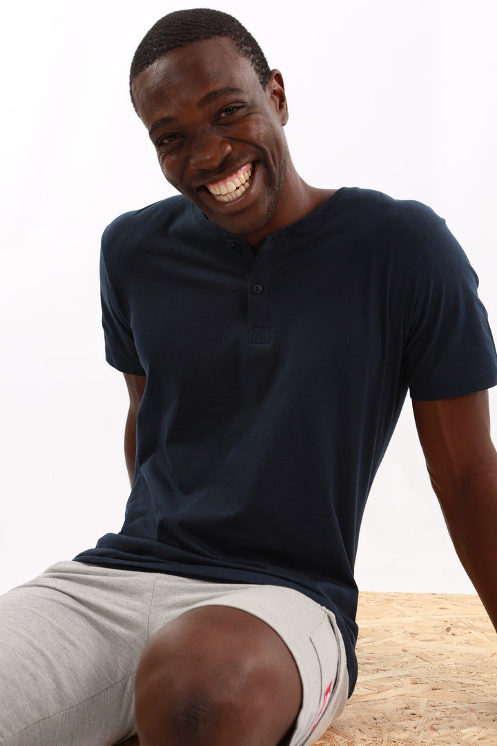 Men's Short Sleeve Henley Sleepwear-Navy