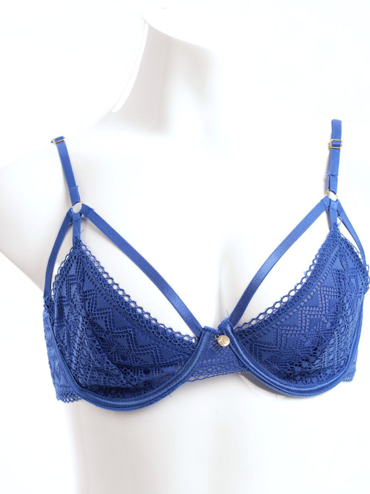 Ladies Wired Non-Padded Bra With Caged Neckline Straps - Cobalt