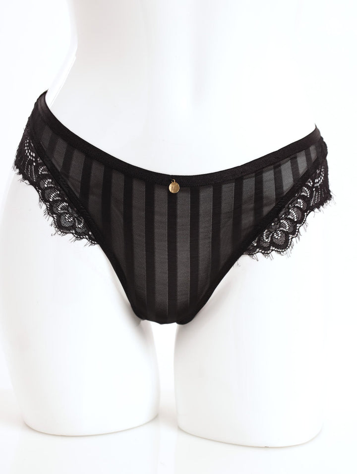 Ladies Striped Dobby Mesh & Lace Thong Panty - Black