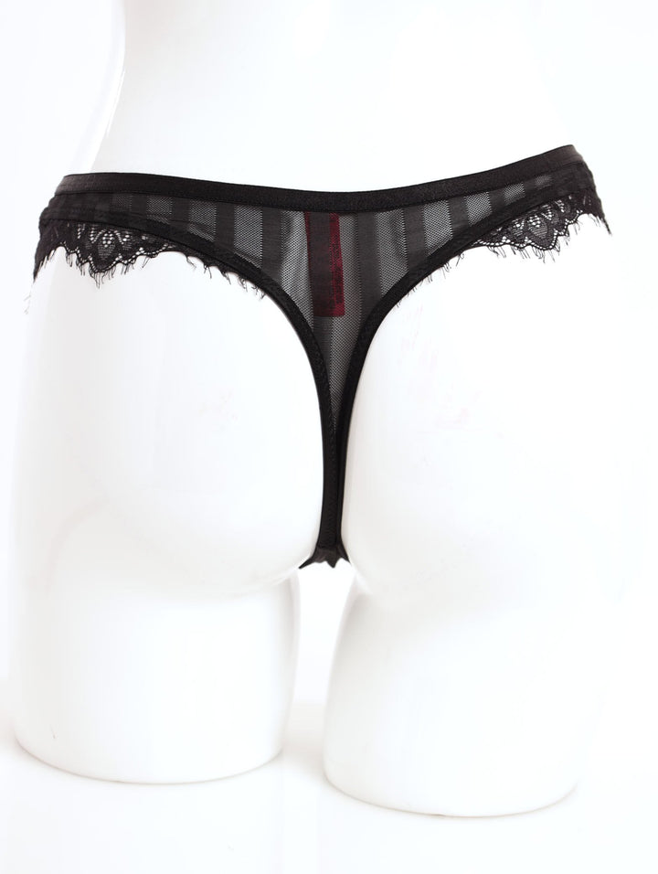 Ladies Striped Dobby Mesh & Lace Thong Panty - Black