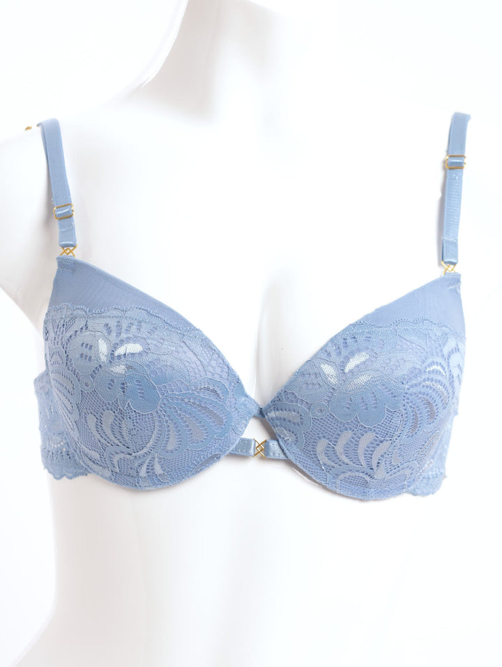 Ladies Lace & Mesh Padded Strappy Plunge Bra - Blue Bell