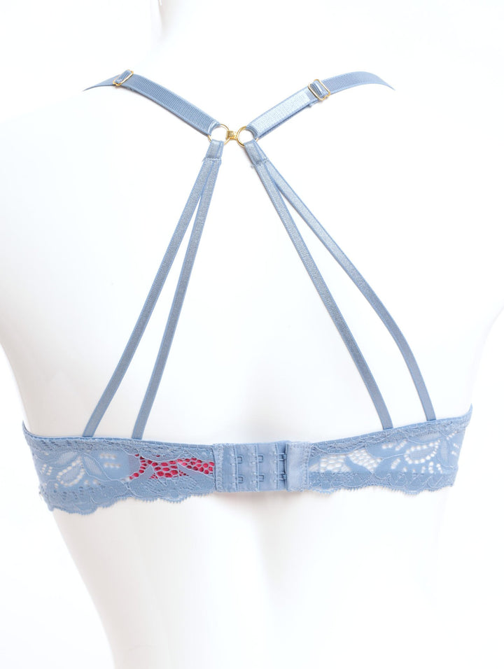 Ladies Lace & Mesh Padded Strappy Plunge Bra - Blue Bell