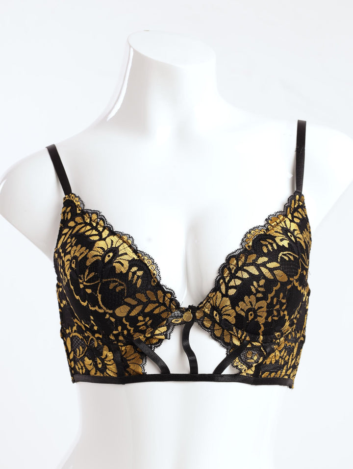 Ladies Padded Push-Up Lace Bralette With Gold Edges - Black