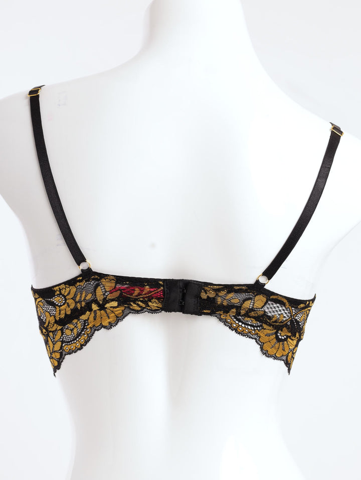 Ladies Padded Push-Up Lace Bralette With Gold Edges - Black