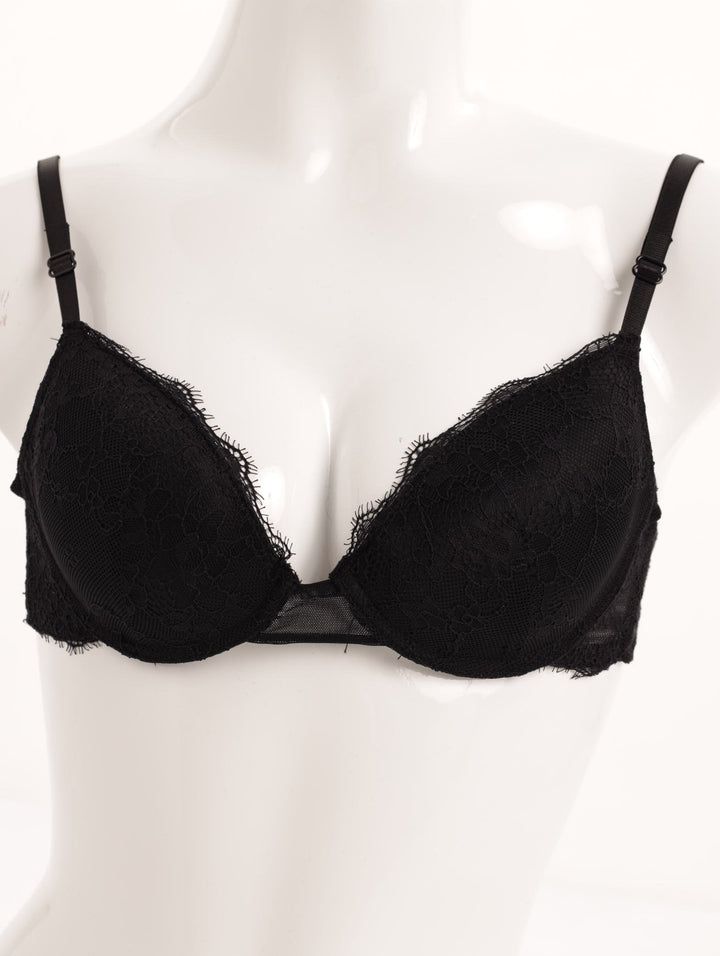 Ladies Plain Eyelet Detail Peeping Eyelash Lace Bra - Black